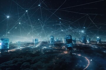 Poster - futuristic cityscape at night with a network of interconnected neon lines. Generative AI