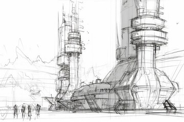 Poster - monochromatic sketch of an urban structure. Generative AI