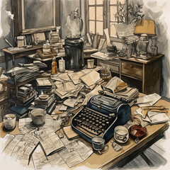 A writer's desk, with a typewriter, fountain pen, and stacks of paper and notebooks scattered around. generative ai.