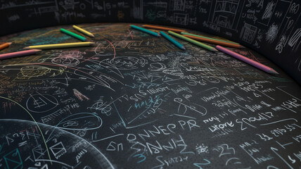 A close-up of a chalkboard with mathematical equations and formulas written in white chalk. The board is surrounded by colorful stationery. generative ai.
