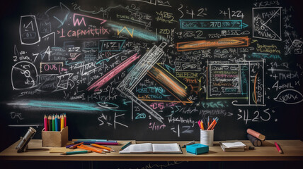 A close-up view of a chalkboard with neatly written equations and formulas in various colors of chalk. The board is surrounded by scattered stationery, such as pencils, and erasers. generative ai.