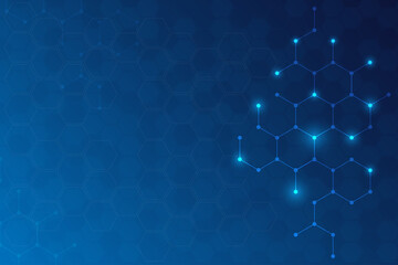Hexzagon line on blue technology background. Innovation and modern science with blank space. Network connection concept with line and dot on hexagonal particle.