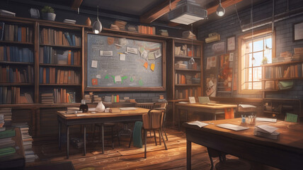 An empty classroom with a blackboard on one wall, surrounded by shelves filled with books and other educational materials. teacher day concept. generative ai.