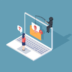 Wall Mural - Phishing by email. hacker attacks a computer laptop by sending a message. fraud scam and steal private data on devices. vector illustration isometric flat design for cyber security awareness concept.