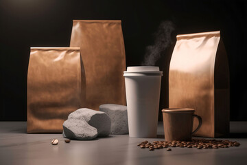 Coffee brand packaging mockup set with paper bags, takeaway cup and coffee mug - generative AI