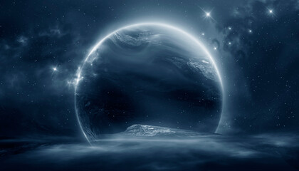 Wall Mural - futuristic fantasy landscape, sci-fi landscape with planet, neon light, cold planet. galaxy, unknown