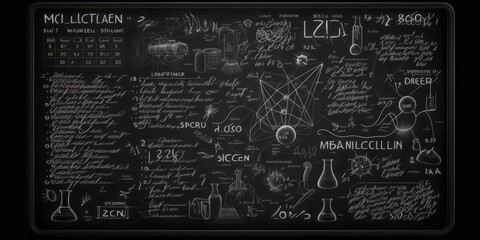 Scientific formula written on a blackboard, with symbols and equations revealing the secrets of the universe. A brilliant mind at work. Generative AI.