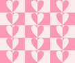 Retro checkerboard groovy seamless pattern with hearts on pink and white background. 70s 80s style cute geometric background vector illustration. Valentine's day pattern. Hippie style aesthetics.