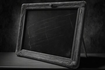 Old blackboard with blank chalkboard on wooden shelf in dark room