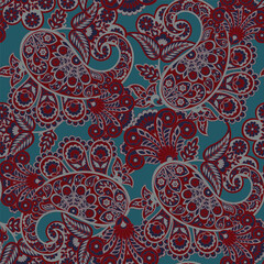  Turkish Cucumber Paisley. Seamless vector pattern in traditional oriental style with flowers, leaves and fantasy elements. Fabric and wallpaper cover