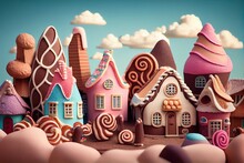 Fantasy Village Or Town Made Of Sweets, Ice-cream, Marshmallow, Cookies, Candies, Lollypops, Cakes, Cupcakes, Street View. Colorful Sweet World With Houses And Buildings.