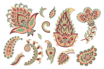 Vector set of isolated elements paisley, flowers and leaf for you own design