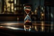 An elegant hourglass on a glossy table with a reflective surface. Countdown. Generative AI