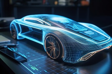 Innovative car. Car design with digital tablet app. Development of a modern high-tech electric vehicle with sustainable standards. Aerodynamic tests. Generative AI