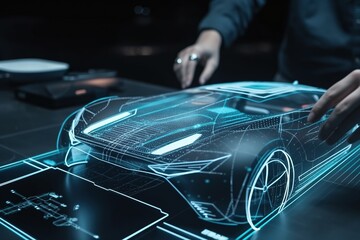 Development of a modern innovative electric vehicle with sustainable standards. People are involved in development. Car design using digital tablet app. Aerodynamic tests. Generative AI