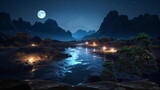 Fototapeta Krajobraz - night llandscape, waterfal in lagoone and mountains waterfal and trees  sea water starry sky and moon,generated ai
