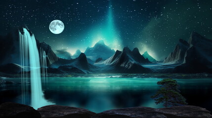 Wall Mural - aurora borealis waterfal in lagoone and mountains waterfal and trees sea water starry sky and moon,g