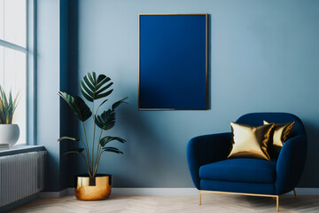 Wall Mural - Navy armchair, plant and empty poster in frame for your design. Blue wall in the background. Generative AI