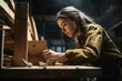A female craftsman builds a shelf created with generative AI technology.
