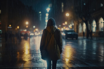 A lonely woman runs around at night in a modern city while it is raining created with generative AI technology.