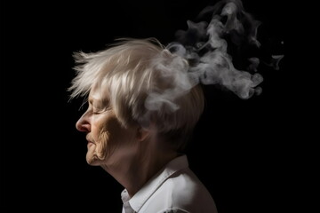 burnout senior woman with smoke around head catching fire due to stress, isolated on black background, created with generative ai	