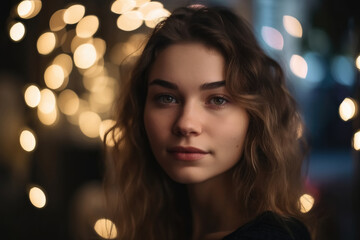 Wall Mural - A beautiful portrait of a young woman with soft bokeh lights created with generative AI technology.