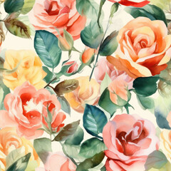 Wall Mural - Seamless Watercolor Roses Pattern, Floral Background, Generative AI