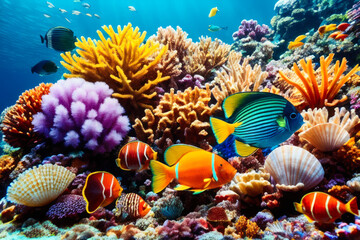 Wall Mural - Underwater view of colourful tropical fishes, shells, starfish with beautiful natural ocean background. Life in the coral reef underwater. Wildlife concept of ecological environment. Generative AI
