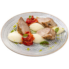 Canvas Print - Pork tenderloin with baked pepper and mashed potatoes