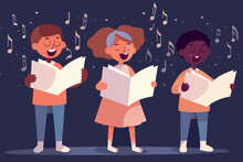 Oung Students With Books Harmonize In School Chorus. Small Children Holding Textbooks Perform Onstage. Music, Recital. Vector Graphic