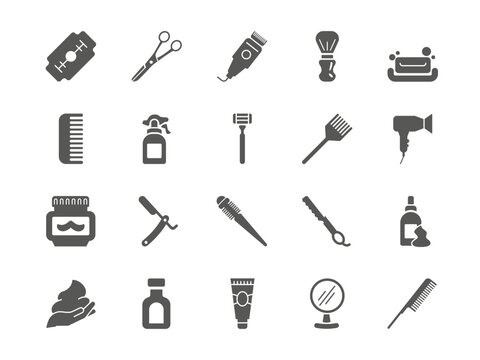 Wall Mural - Barbershop shaving accessories. Barber silhouette icons. Hipster fashionable brush. Razor or blade. Hair cut tools. Mustache styling cream. Foam for shaver. Beauty salon. Vector symbols set