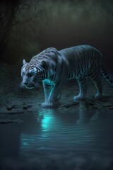 Wall Mural - A beautiful and elegant tiger walking in deep bioluminesent water