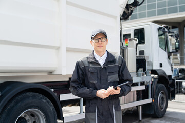 Poster - Manager with a digital tablet next to garbage truck. 