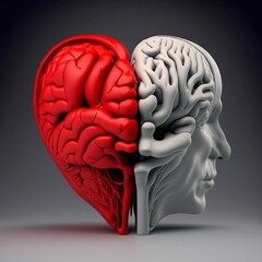 Abstract human head, grey brain and red heart concept. Mental health, intellectual and emotional intelligence, IQ, EQ. Right and left brain hemispheres, cerebral hemisphere dominance. Generative Ai.
