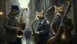 Drei Katzen spielen Musikinstrumente auf der Straße