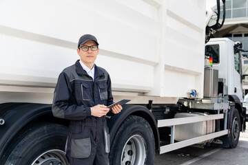 Poster - Manager with a digital tablet next to garbage truck. 