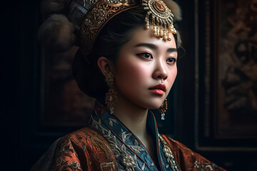 Wall Mural - A portrait of a gracefully poised Asian woman, dressed in a lavish and intricate outfit with intricate accessories, exuding elegance and refinement. generative AI