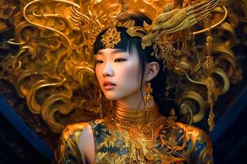 Wall Mural - A portrait of a gracefully poised Asian woman, dressed in a lavish and intricate outfit with intricate accessories, exuding elegance and refinement. generative AI