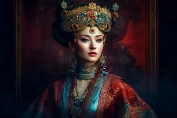 Wall Mural - A portrait of a gracefully poised Asian woman, dressed in a lavish and intricate outfit with intricate accessories, exuding elegance and refinement. generative AI