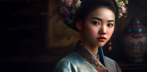 Wall Mural - A portrait of a gracefully poised Asian woman, dressed in a lavish and intricate outfit with intricate accessories, exuding elegance and refinement. generative AI