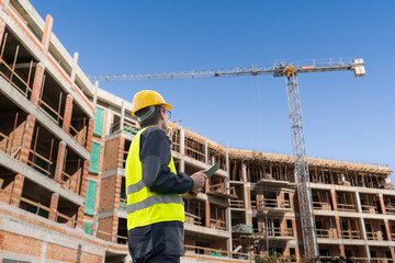 Poster - Engineer with a digital tablet on the background of a building under construction	