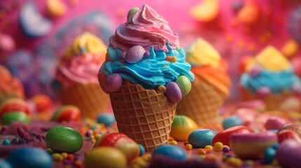 Wall Mural - Colourful ice cream in a cone with lots of sweets, Generative AI