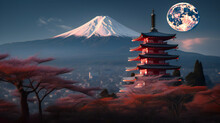 Mount Fuji's Majestic Peak, A Landmark Of Japan, Showcases Beautiful Scenery With Pagodas, Temples, And Moonlit Shinto Shrines; Culture, Heritage, And Architecture Abound In This Travel Destination.
