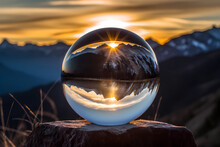 Sunrise Over The Mountains As Seen Through A Glass Globe (Generative AI)