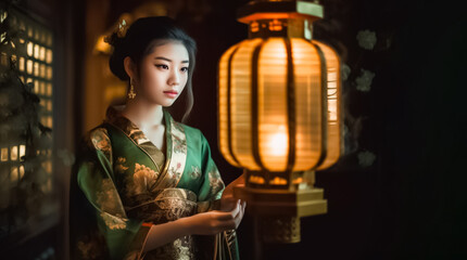 Wall Mural - Asian woman stands next to a vintage lantern on a dark night, dressed in a traditional dark green gown and standing in front of a historic building.  generative AI