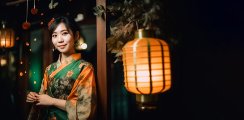 Wall Mural - Asian woman stands next to a vintage lantern on a dark night, dressed in a traditional dark green gown and standing in front of a historic building.  generative AI