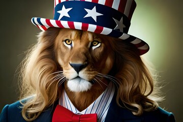 Lion in usa flag hat pointing you like uncle sam. Generative AI