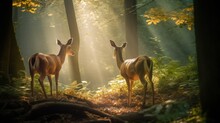 Beautiful Illustration Of Two Deers In The Forest. Generative AI.