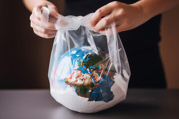 Wall Mural - A person putting earth in a plastic bag. global environment concept. Generative ai