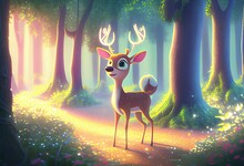 Abstract Cartoon Deer In Dreamy Forest Backdrop Generative AI